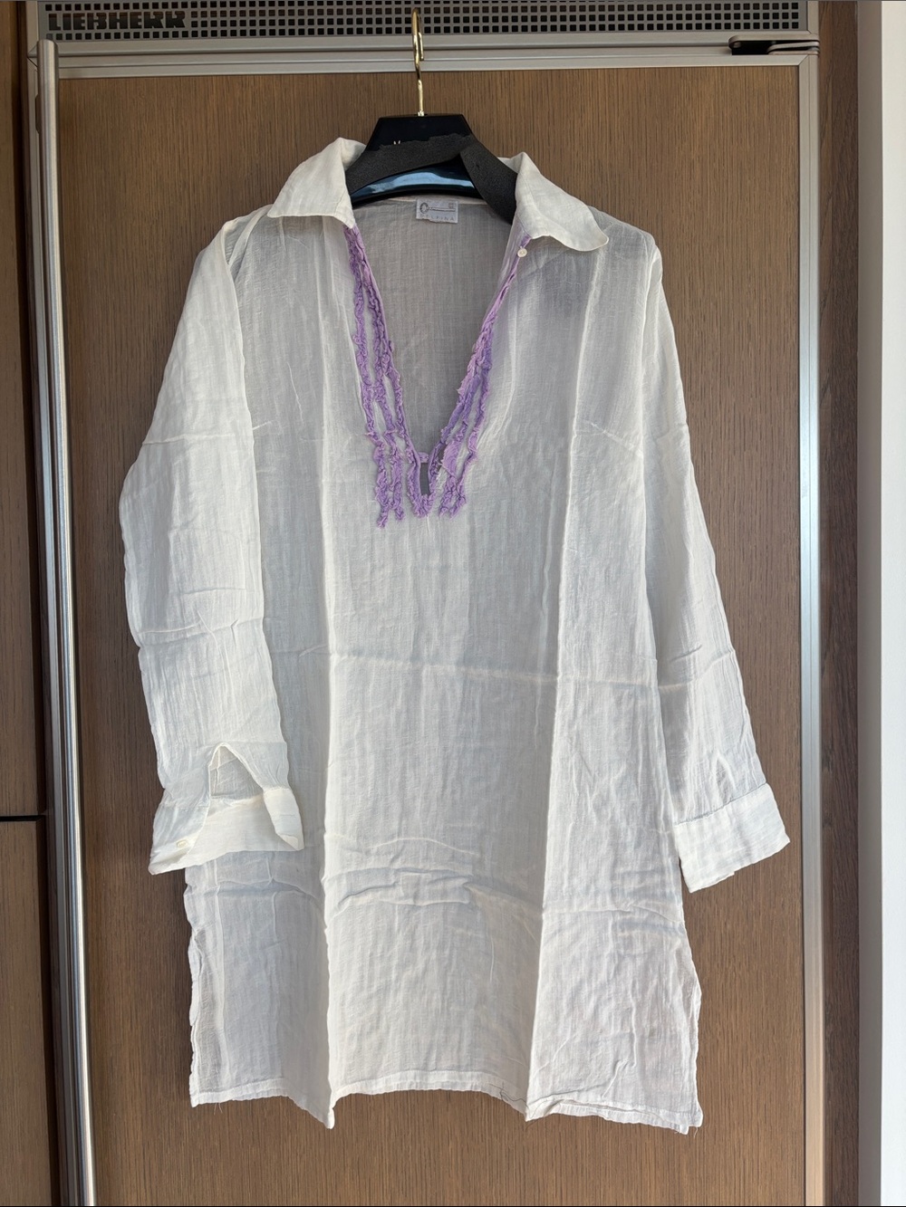 White Cotton Kaftan with Lavender Trim - Women Kaftan